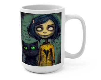 Coraline Halloween Black Cat Coffee Mug 15oz, Halloween Mug, Black Cat Mug, Halloween Decor, Halloween Gift, Fall Mug, Spooky Mug