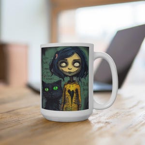 Coraline Halloween Black Cat Coffee Mug 15oz, Halloween Mug, Black Cat Mug, Halloween Decor, Halloween Gift, Fall Mug, Spooky Mug image 4