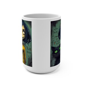 Coraline Halloween Black Cat Coffee Mug 15oz, Halloween Mug, Black Cat Mug, Halloween Decor, Halloween Gift, Fall Mug, Spooky Mug image 2