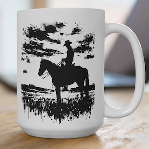 Mugsartstore , Western Mug, Cowboy Silhouette Horse  Old American  Ceramic Coffee Mug Cup for Water Tea 15OZ