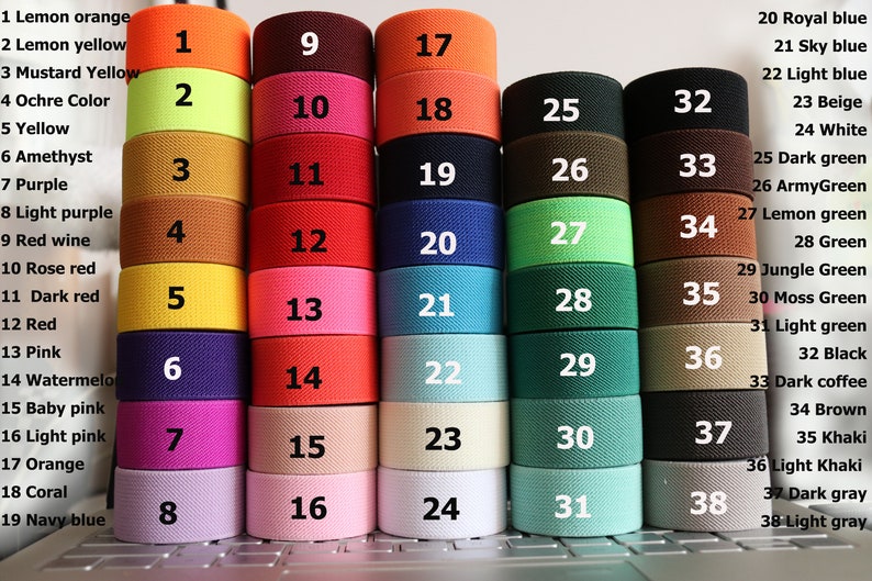 May include: A collection of 38 different coloured elastic bands, each with a number from 1 to 38. The bands are arranged in rows of four, with the numbers increasing from left to right and top to bottom. The colours include orange, yellow, red, green, blue, brown, and grey.