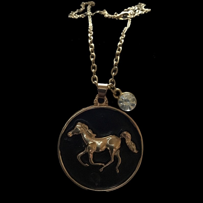 Gold horse on black round pendant with 14kgp Pendant and chain | Etsy