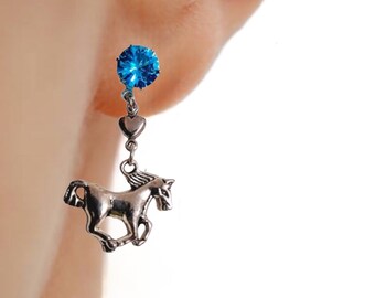 Equestrian Blue Crystal Studs with Silver Horse which hang with rubber backs