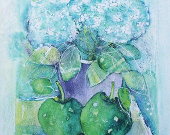 Aquarell Hortensien & Äpfel ,Aquarell stillleben,Aquarell Blumen,Original Aquarell,Aquarell,