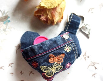 Keyring, fabric heart, bag charm, bag charm, Mother's Day, jeans recycling