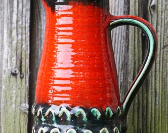 Vase  Henkelvase Midcentury Keramikvase Rot Grün Dekor