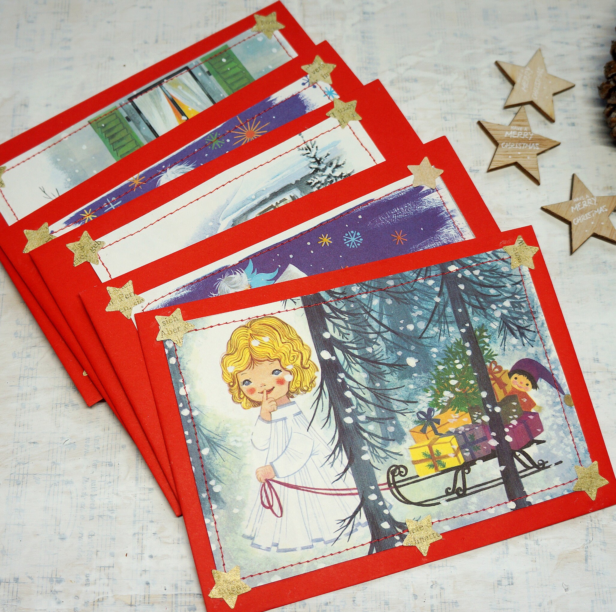 Umschläge Weihnachten, Set, C6 , fünf Weihnachts Kuverts, nostalgische