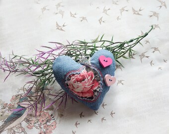 Keyring, fabric heart, bag charm, bag charm, Mother's Day, jeans recycling