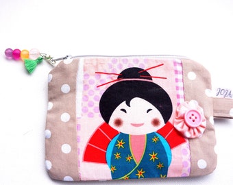 Täschchen , Schminktasche , Kosmetik Tasche ,Reißverschluss , Japan Motiv, Weihnachten, Mädchen, Notfalltäschchen , Patchwork,Punkte , Stoff