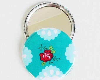 Pocket mirror, mirror button, 59 mm diameter fabric blossom cover, protective foil