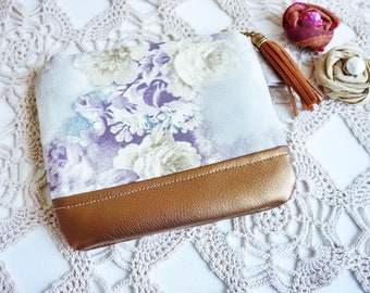 Schminktasche  Kosmetik Tasche Täschchen Reißverschluß Rosenstoff Shabby Kunstleder goldfarben