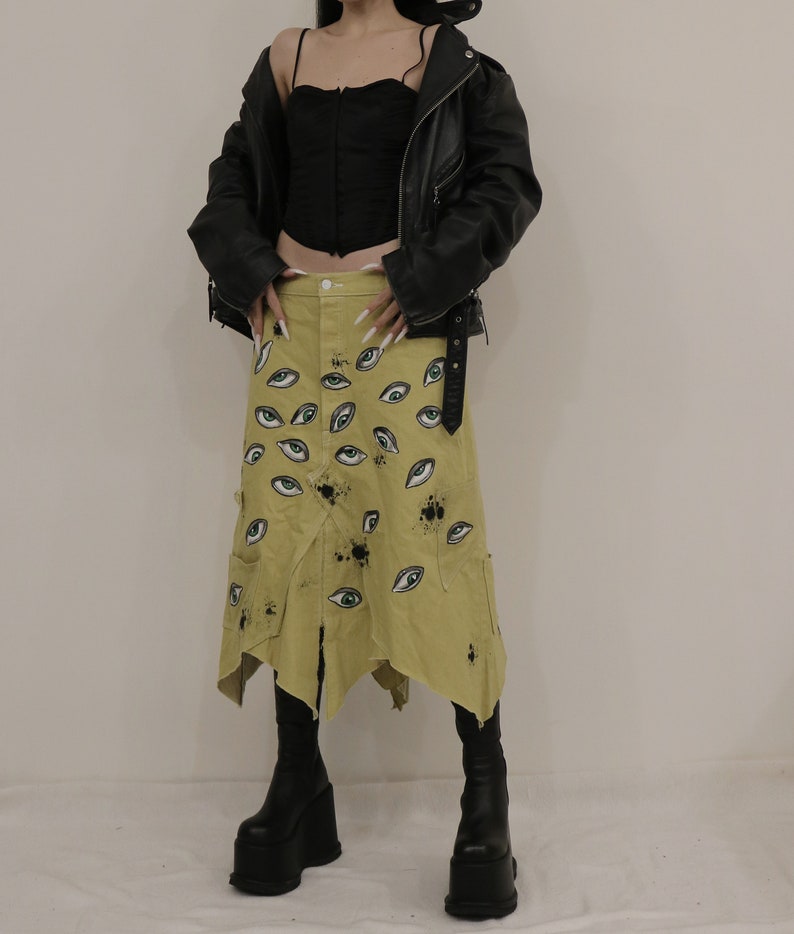 Eye Hand Painted Denim Skirt Etsy