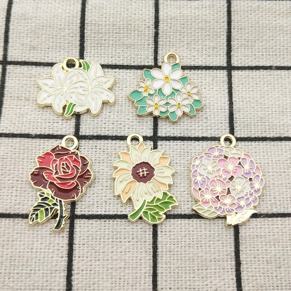 10PCS, Enamel Flower Charm Bracelet Charm Earring Charm Necklace Pendant Jewelry Accessories Craft Supplies Gold Plated