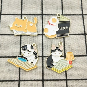 10/16pcs, Book Cat Charm Enamel Bracelet Charm Necklace Pendant Earring Charm Jewelry Accessories Craft Supplies Gold Plated