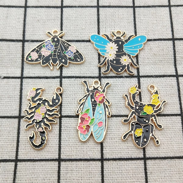 10PCS, Flower Insect Charm Enamel Bracelet Charm Necklace Pendant Earring Charm Jewelry Accessories Craft Supplies Gold Plated
