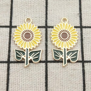 10pcs enamel charm sunflower charms necklace charm bracelet charm earring pendant craft supplies gold plated 15x27mm