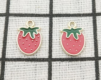 10PCS Strawberry Charm Enamel Charm Fruit Charm Earring Pendant Sweet Charm Craft Supplies Gold Tone Necklace Charm 12x16mm