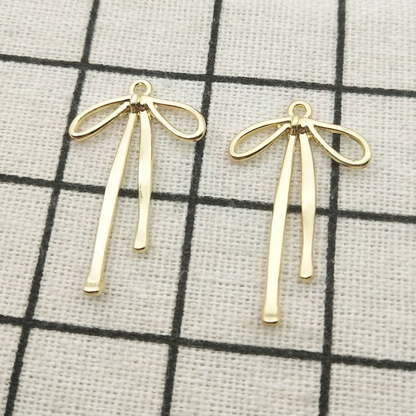 10PCS, Bowknot Charm Bow Knot Gold Plated Necklace Charm Earring Pendant Bracelet Charm Craft Supplies Gold Tone 19x31mm