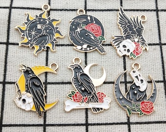 10/12pcs, Sun Moon Crow Charm Enamel Charm Bracelet Charm Necklace Charm Earring Pendant Craft Supplies Gold Plated