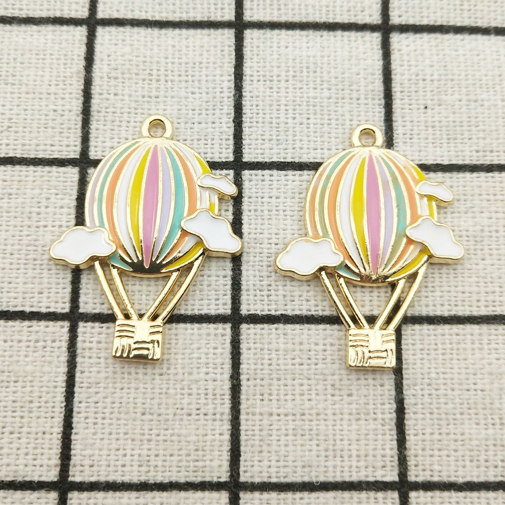 10PCS, Hot Air Balloon Charm Fire Balloon Charm Enamel Charm Bracelet Charm Craft Supplies Gold Tone 23x30mm