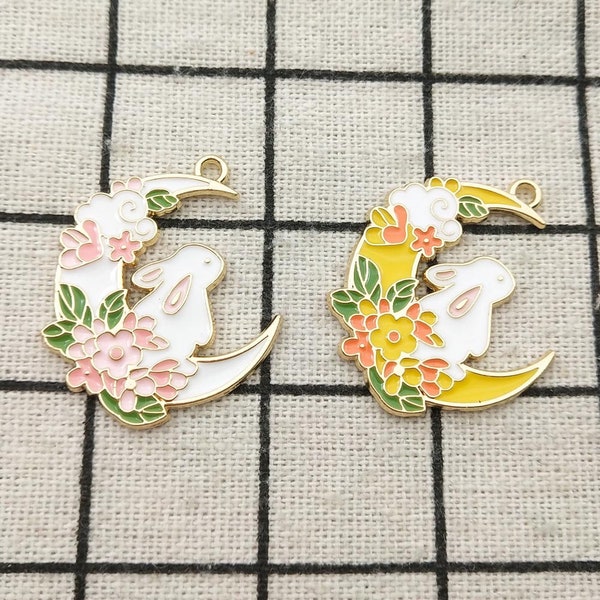 10PCS, Enamel Moon Rabbit Charm Bracelet Charm Earring Charm Necklace Pendant Jewelry Accessories Craft Supplies Gold Plated Diy Making