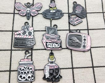 10/16pcs, Skull Ghost Charm Enamel Bracelet Charm Necklace Pendant Diy Craft Supplies Jewelry Accessories Alloy Metal Black Plated