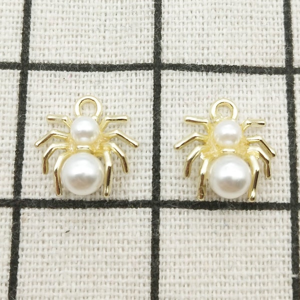 10PCS, Spider Charm Pearl Charm Jewelry Charm Necklace & Bracelet Charm Craft Supplies Gold Tone 14x15mm