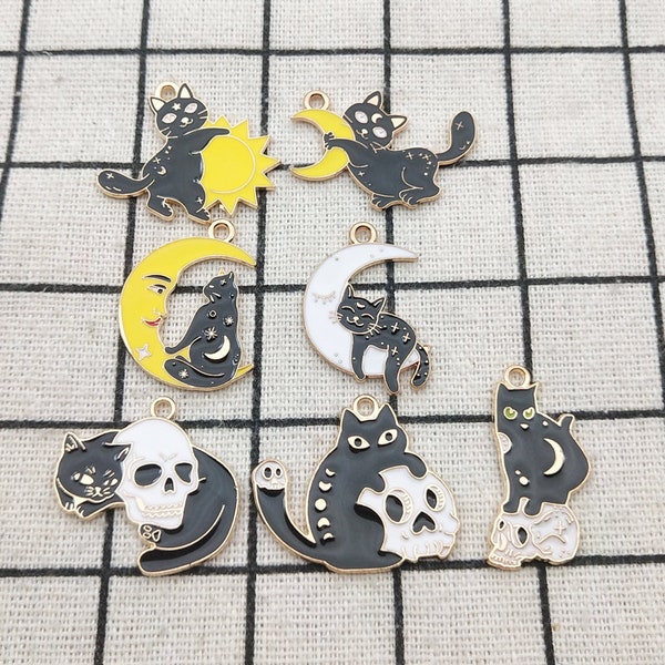 10PCS, Sun Moon Skull Cat Charm Enamel Bracelet Charm Necklace Pendant Earring Charm Jewelry Accessories Craft Supplies Gold Plated