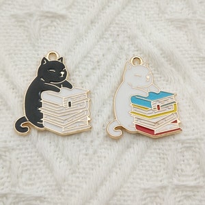 10PCS, Book Cat Charm Enamel Charm Bracelet Charm Necklace Charm Earring Pendant Jewelry Accessories Supplies Alloy Metal Gold Plated