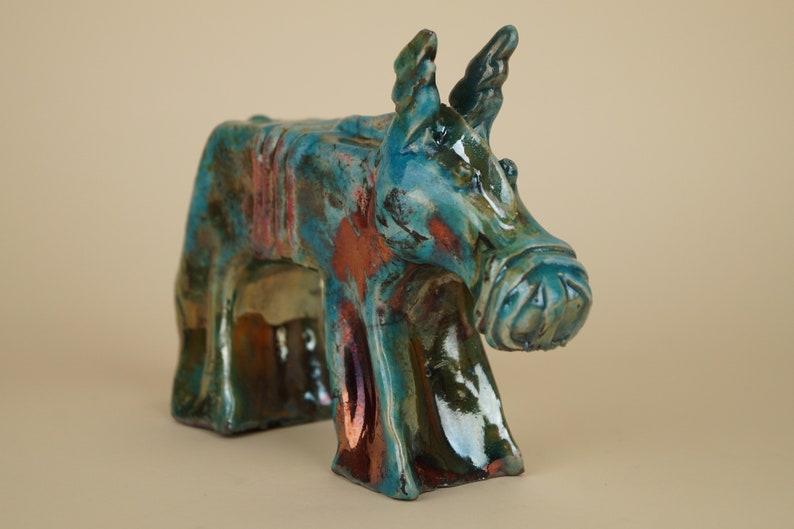 Ceramic donkey figurine fired in raku