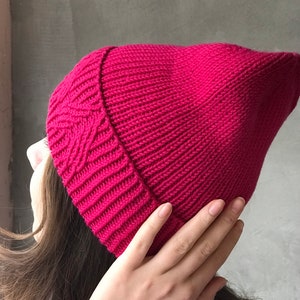 Pink Merino Wool Beanie: Hand Knit Slouchy Hat