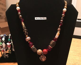 Red and Brown Necklace with bronze and gold tones (Adjustable length: 16"-20")