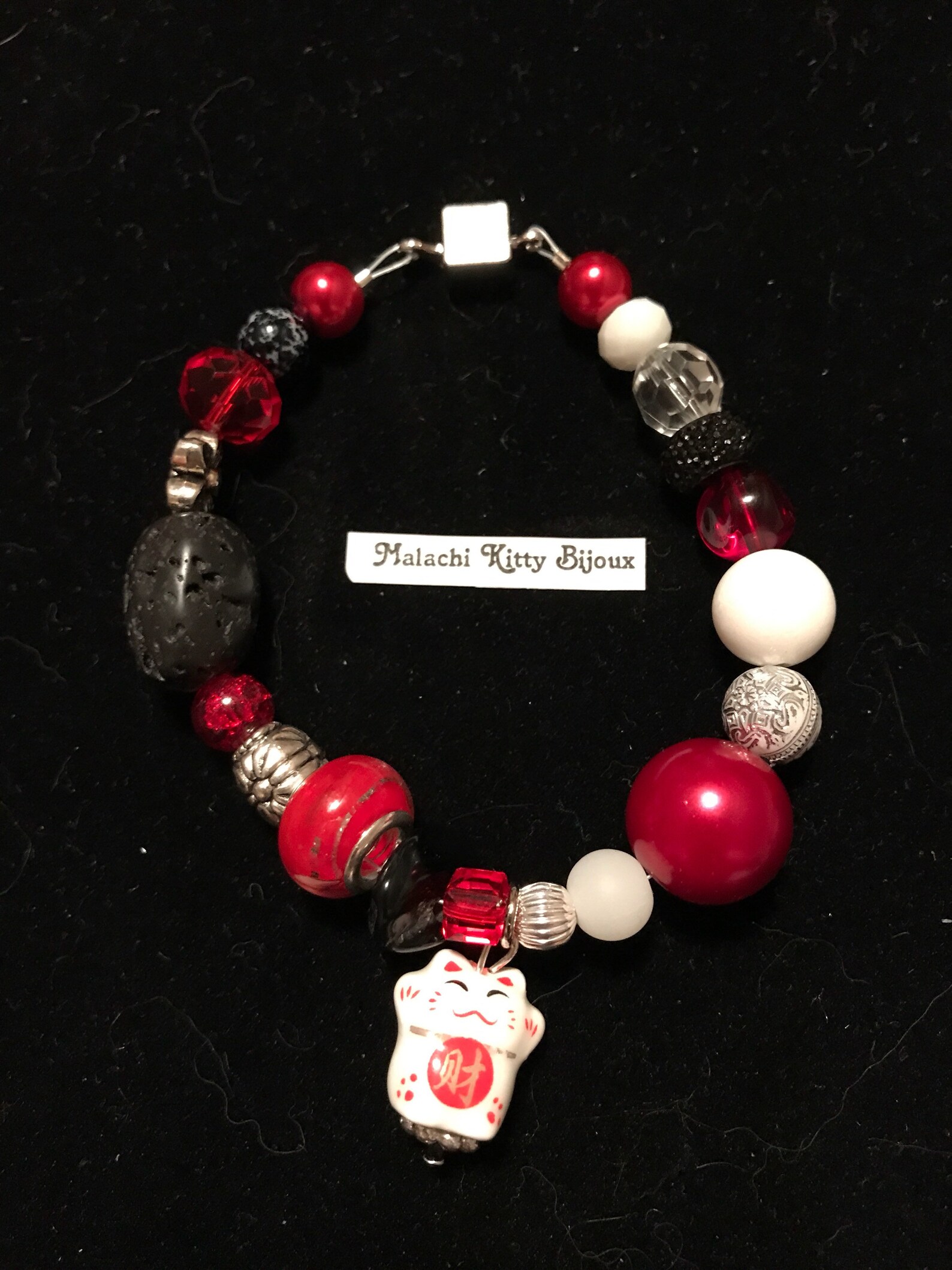 Chinese Lucky Cat Bracelet red Black and Silver With Cat Etsy