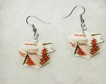 Chinese takeout box earrings (Chinese food earrings , Chinese food jewelry, takeout earrings, miniature food earrings, 2 dimensional)