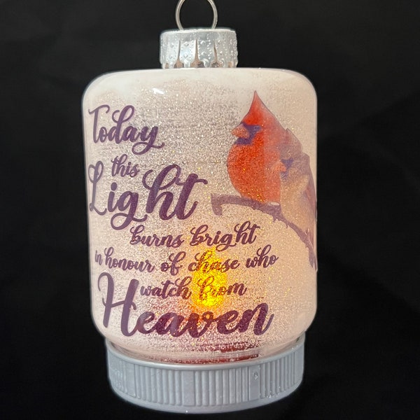 Beautiful lighted cardinal ornament. (Features tea light with timer, Cardinal pair photo ornament, Angel ornament, Memorial)