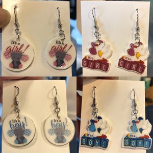 Baby themed Novelty earrings set #1 (It&#39;s a Boy earrings, Its a Girl earrings, Mom to be jewelry, baby expo, maternal jewelry, stork earring