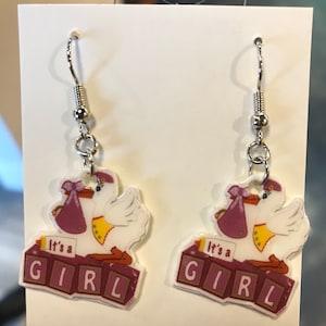 Baby themed Novelty earrings set #1 (It&#39;s a Boy earrings, Its a Girl earrings, Mom to be jewelry, baby expo, maternal jewelry, stork earring