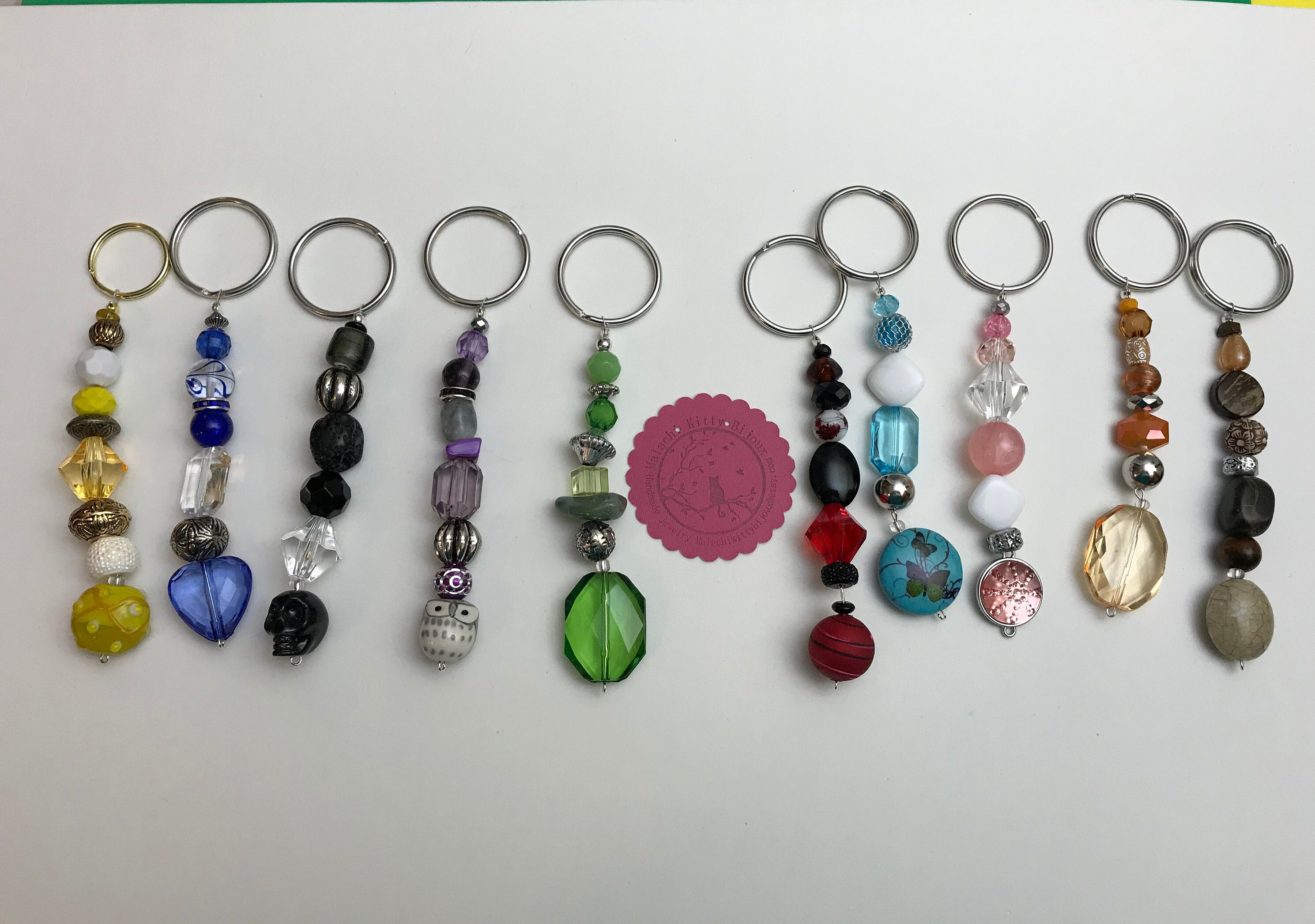 Keychains (4-4.5 inches bead length)(Many colors to choose from)(Owl keychain, Butterfly key chain, Skull keychain, Heart keychain)