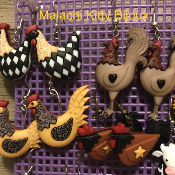 Chicken Earrings (hen earrings , rooster earrings , bird earrings, poultry earrings )