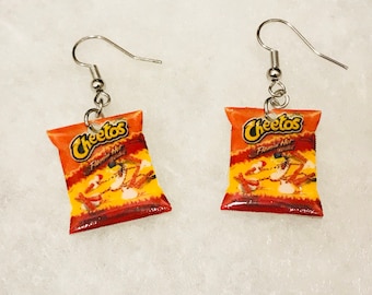 Junk food earrings (flaming hot Chesse curls crunchy earrings , flaming hot crunchy Cheese curls jewelry, miniature food earrings)
