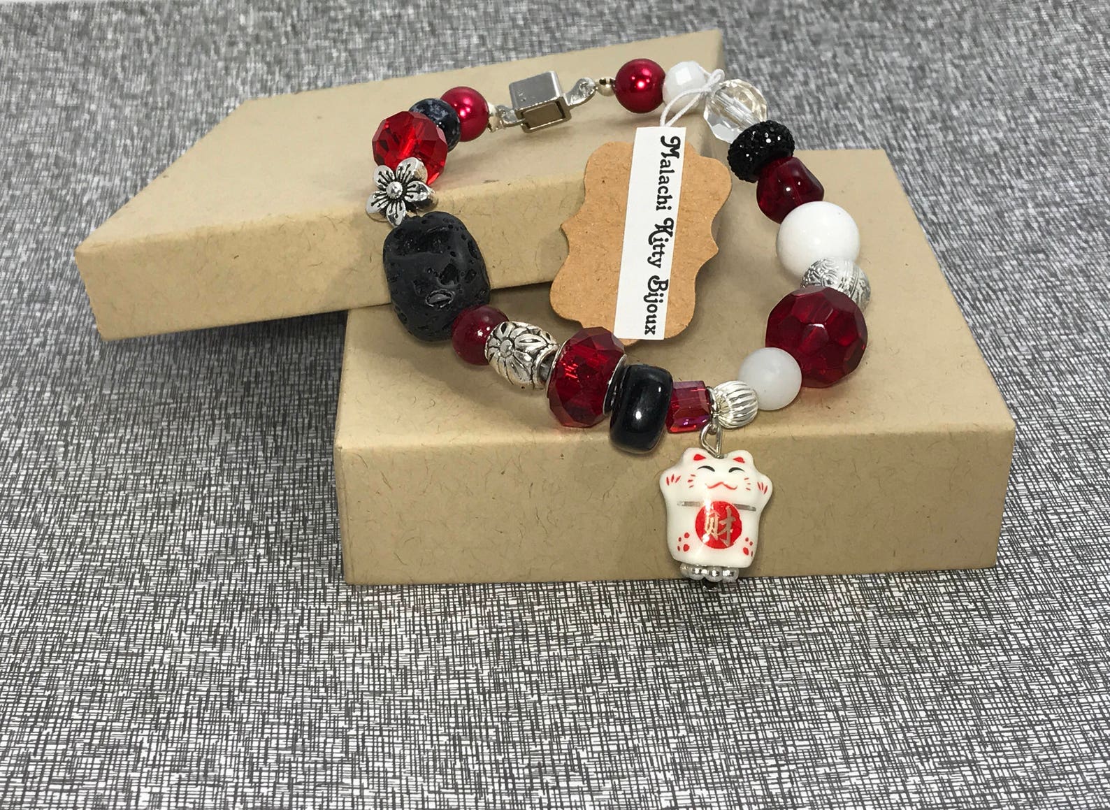 Chinese Lucky Cat Bracelet red Black and Silver With Cat Etsy