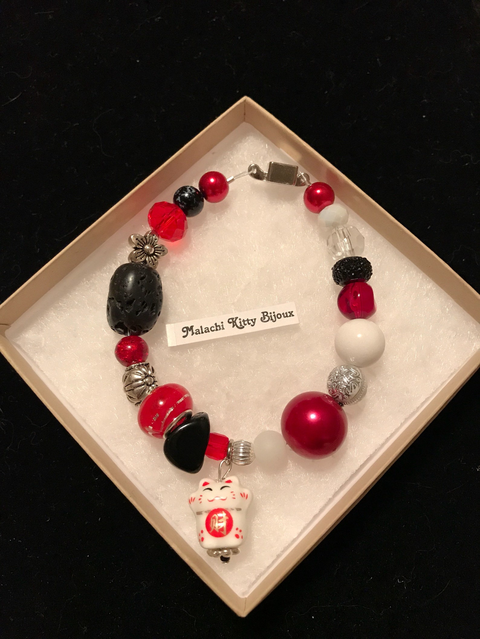 Chinese Lucky Cat Bracelet red Black and Silver With Cat Etsy