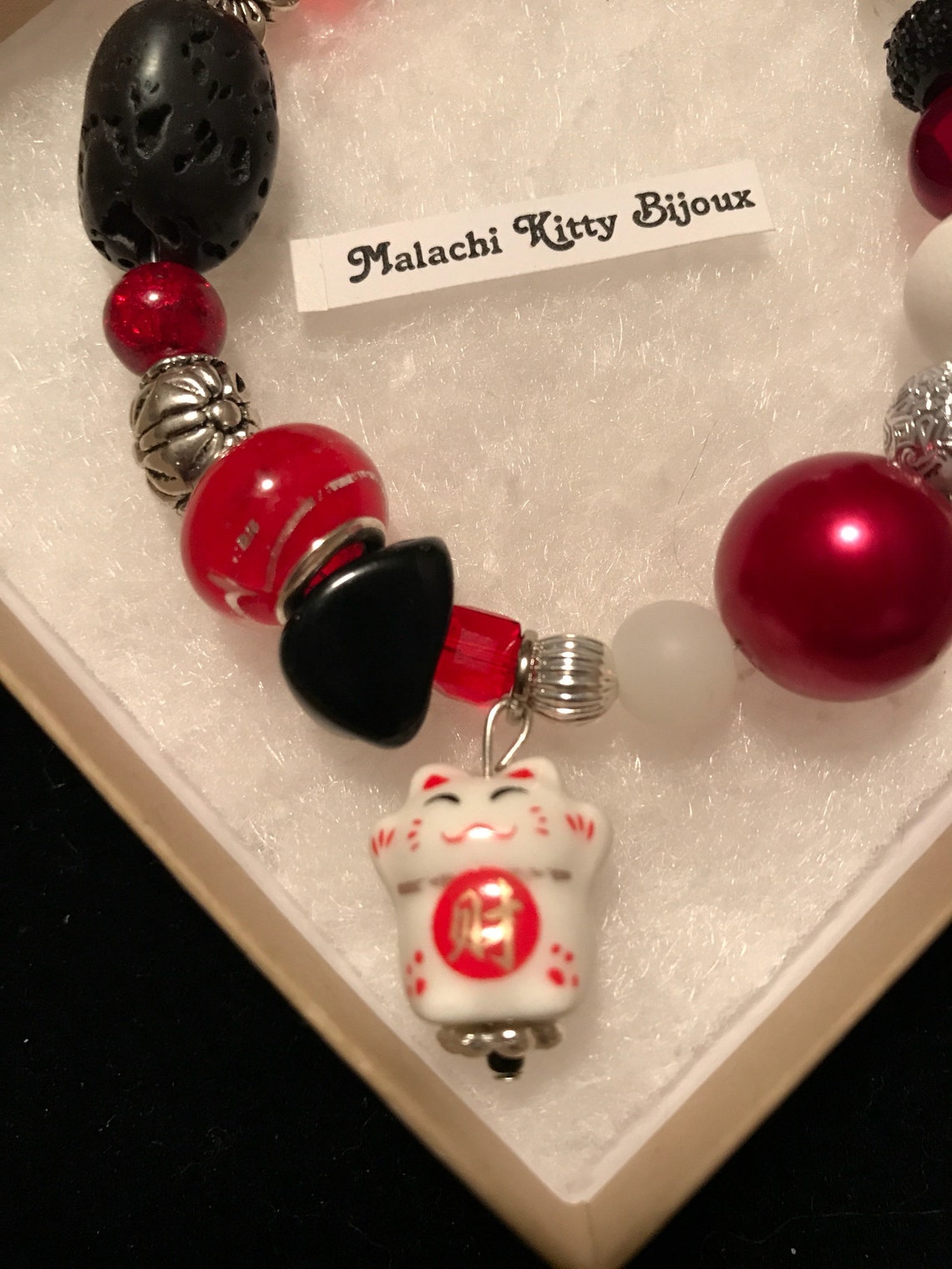 Chinese Lucky Cat Bracelet red Black and Silver With Cat Etsy