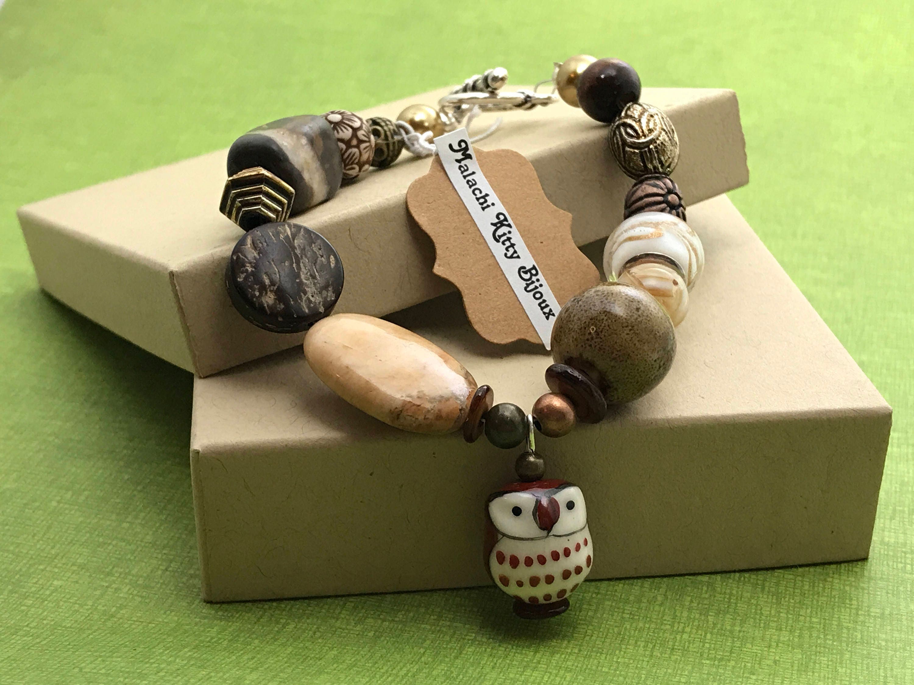 Owl Bracelet (brown and silver bracelet with owl charm)(Men or Women's bracelet)