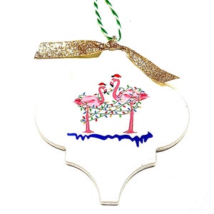 Flamingo with Christmas lights ornament (Flamingo Christmas ornament, Beach ornament, Funny ornament)