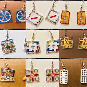 Miniature Board Game earrings (vintage game jewelry, monopoly , parcheesi, dominos, novelty earrings, fun jewelry)