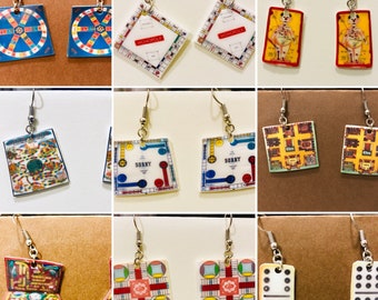 Miniature Board Game earrings (vintage game jewelry, monopoly , parcheesi, dominos, novelty earrings, fun jewelry)