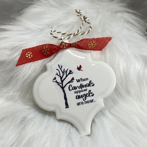 Cardinals appear when Angels are near (Cardinal pair photo ornament, Cardinal ornament with 3 Cardinals, Angel ornament, Memorial)