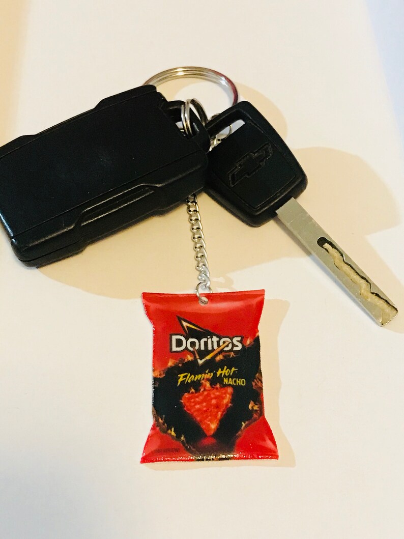 Junk food keychain flaming hot tortilla chip keychain, flaming hot tortilla chip jewelry, miniature food keychain