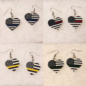 First Responders Earrings (thin blue line, thin red line, thin yellow line, thin green line, support our firefighters, support the police)